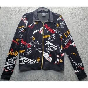 Switch Remarkable Jacket Womens Large Multi Graffiti Velour Stretch Full Zip EUC